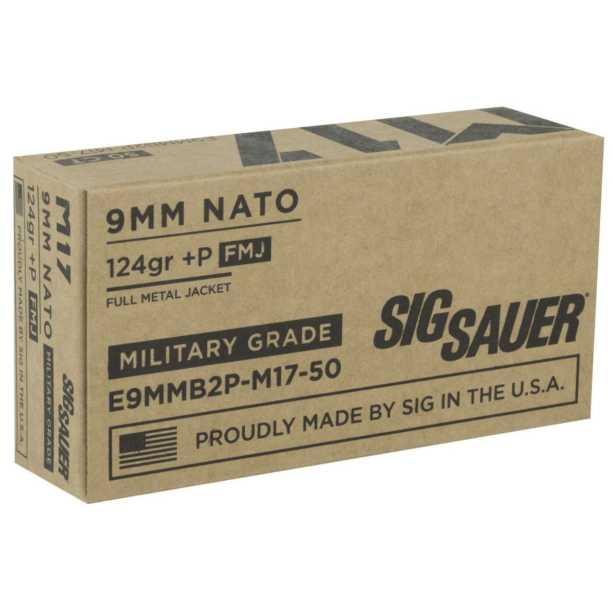 Sig Sauer E9MMB2PM1750 Military Grade  9mm NATO +P 124 gr Full Metal Jacket (FMJ) 50 Bx/ 20 Cs