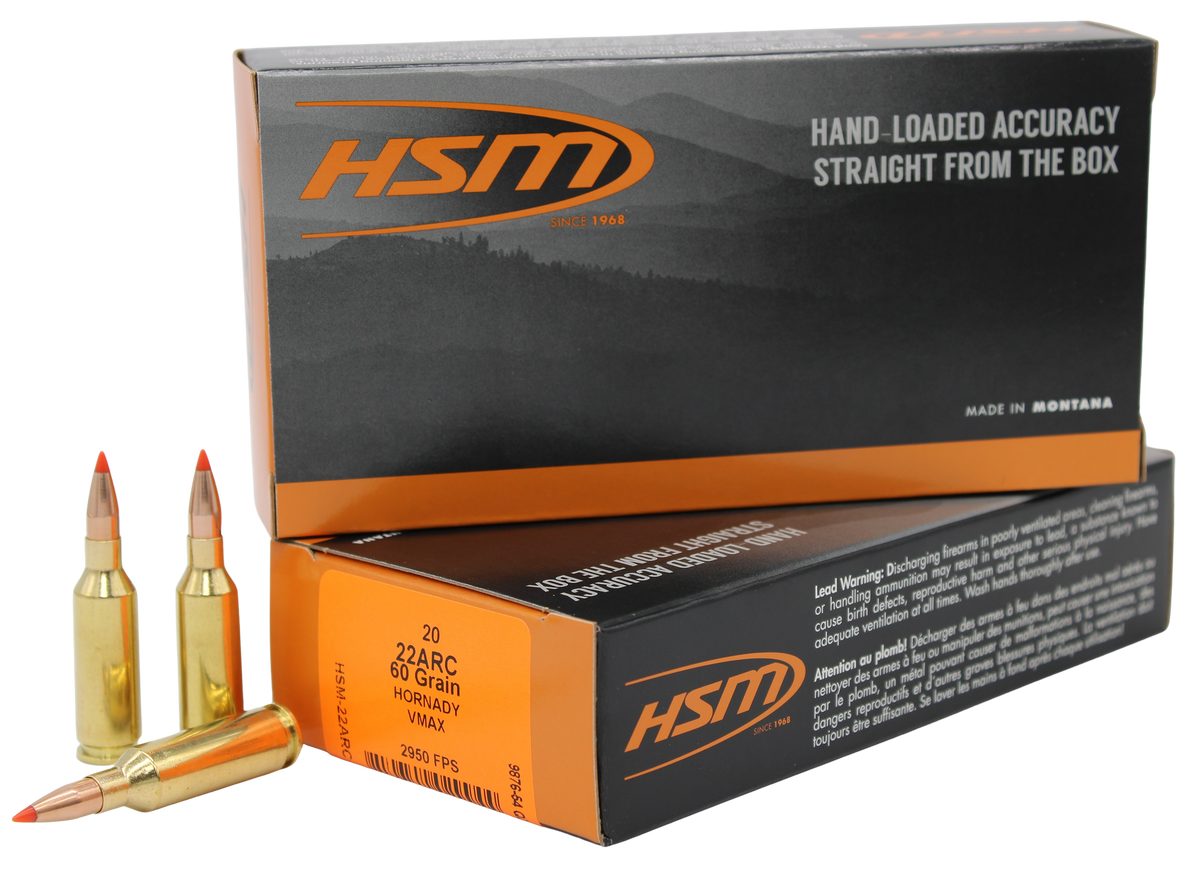 HSM Varmint 22 ARC 60gr V-MAX 20 Rd Rifle Ammo - Box or Case
