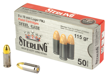 Sterling 9mm Luger 115gr FMJ Steel Case 50/20 - Box or Case