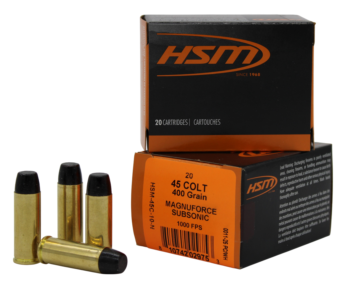 HSM 45 Long Colt Subsonic 400gr Hard Cast Long Flat Nose 20 Rd - Box or Case