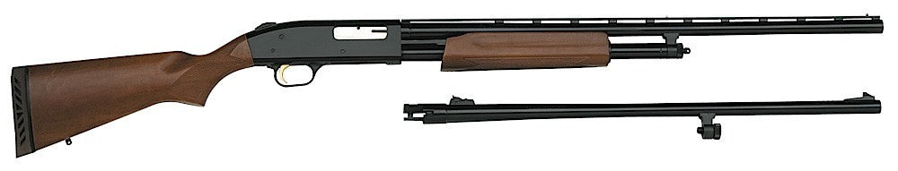 Shop the Mossberg 500 Field/Deer 54282 20 Gauge Pump Shotgun with 26” vent rib and 24” rifled barrels. Features blued steel, wood stock, dual extractors, and 5+1 capacity—perfect for versatile hunting adventures.