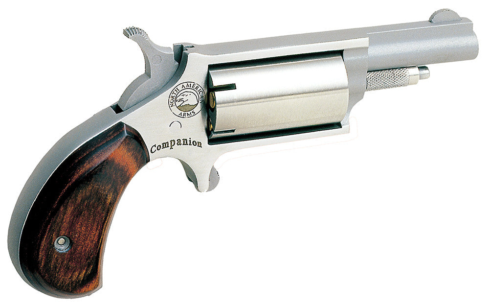 Discover the North American Arms Companion 22MCB .22 Cal SAO Revolver with a 1.63” barrel and 5-round capacity. Features stainless steel construction and rosewood birdshead grip—ideal for black powder enthusiasts.