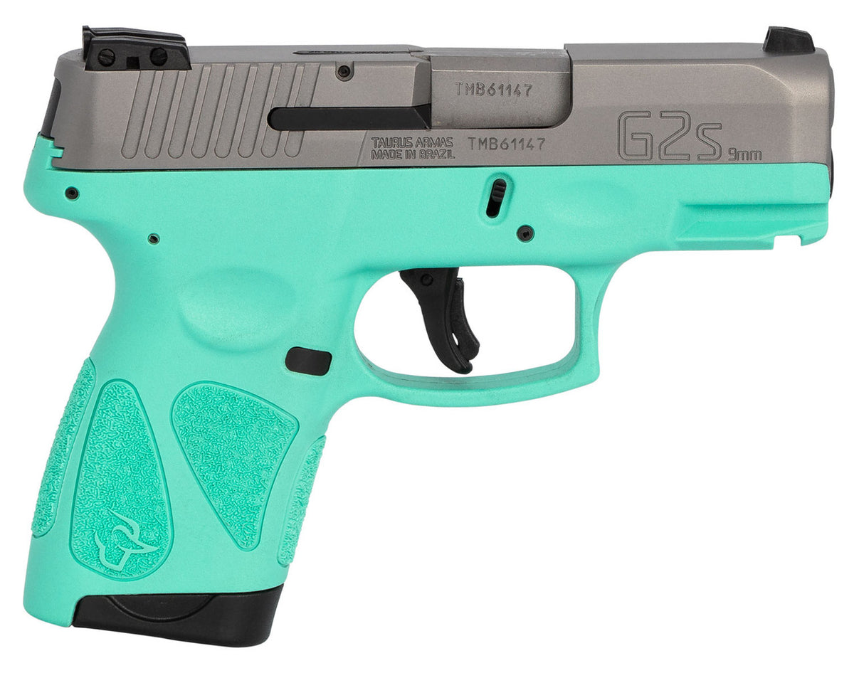 Taurus G2S Slim 9mm Luger Semi Auto Pistol 3.2" Barrel 7 Rounds Single Action with Restrike 3 Dot Sights Thumb Safety Cyan Polymer Frame Stainless Finish