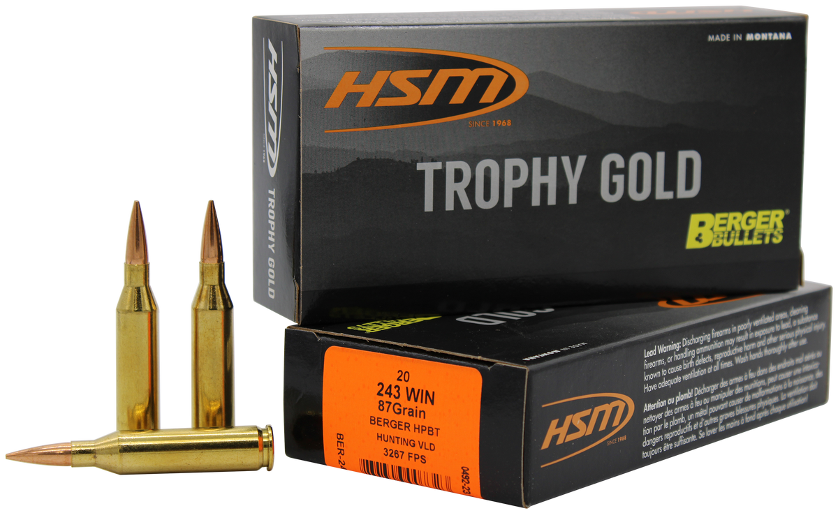 HSM Trophy Gold Extended Range 243 Win 87gr Berger Hybrid Tactical OTM Match - Box or Case