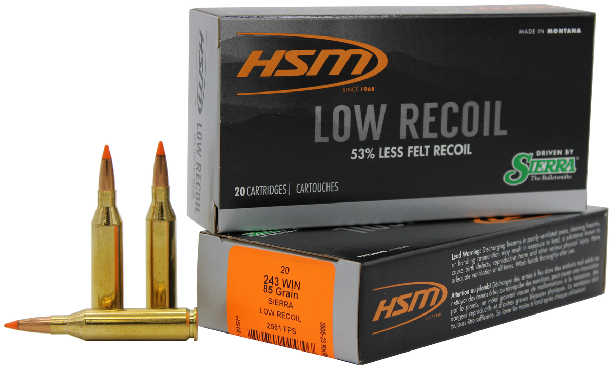 HSM Low Recoil 243 Win 85gr Orange Polymer Tip 20rd - Box or Case