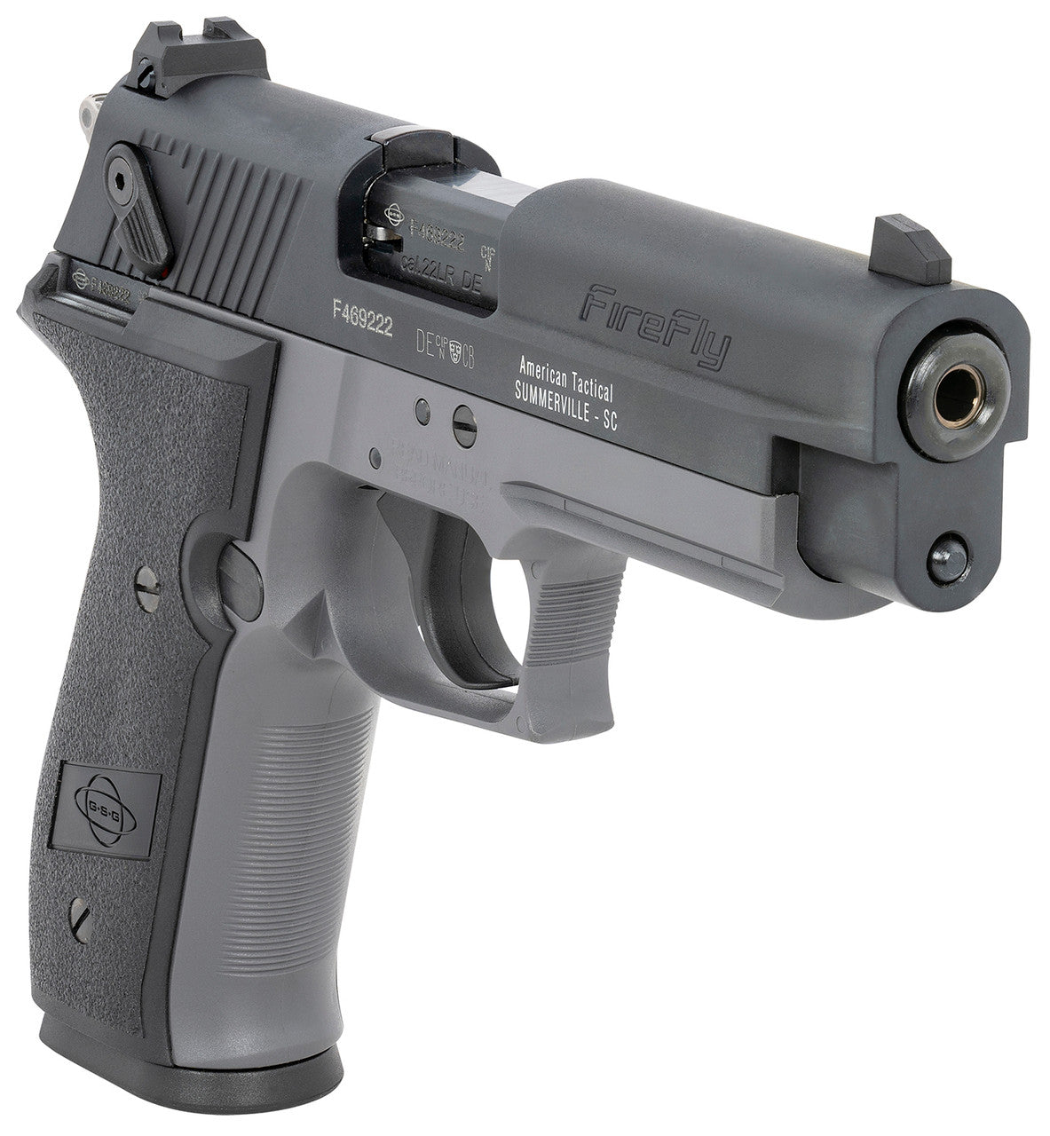 Shop the GSG FireFly 22 LR Semi-Auto Pistol with a 4” barrel and 10-round capacity. Features black serrated slide, smoke zinc alloy frame with accessory rail, adjustable sights, and ambidextrous safety—ideal for target practice and training.