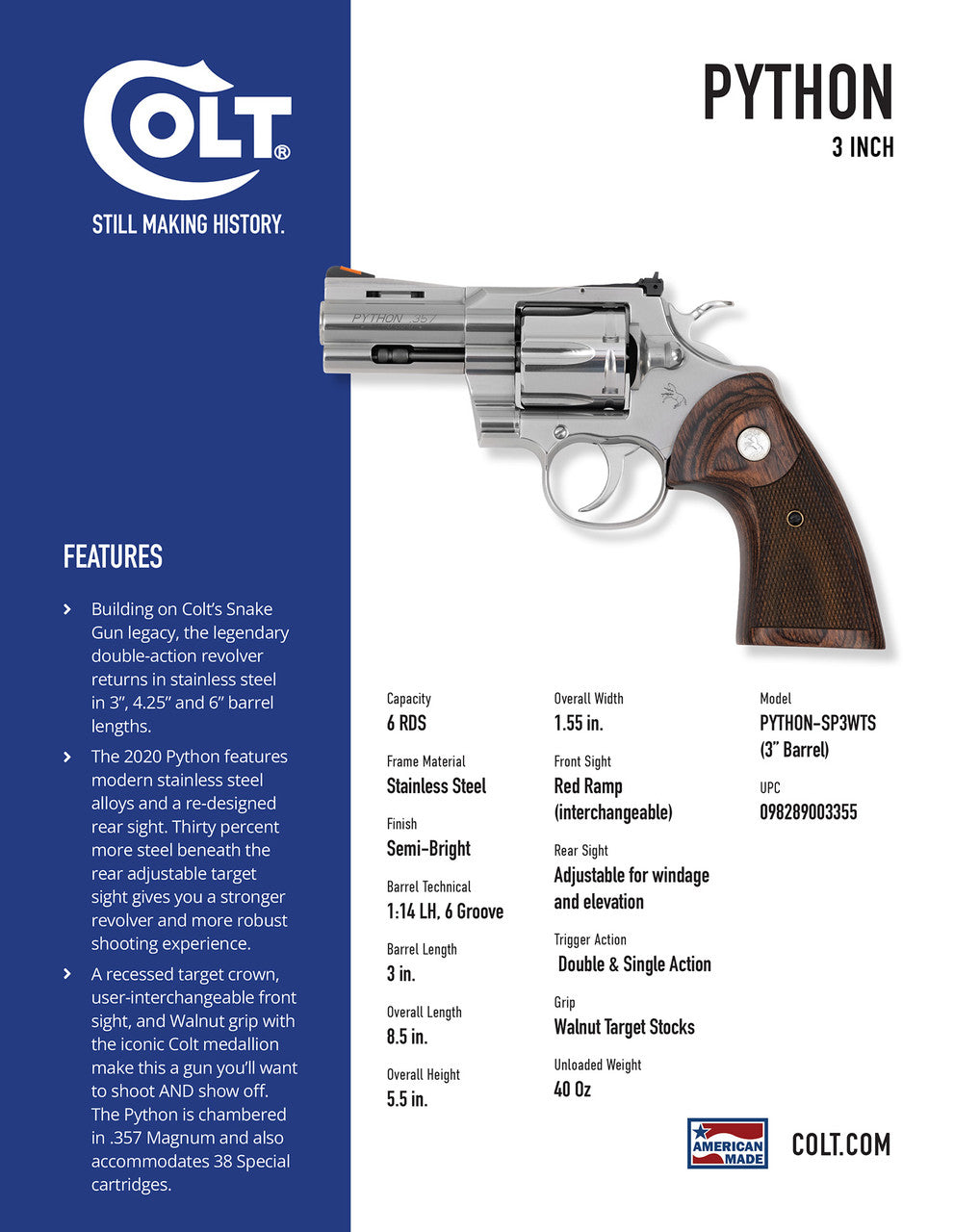 Colt Python 357 Magnum Revolver Recessed Target and Vent Rib w/ Walnut & Colt Medallion Grip  - 3" Barrel
