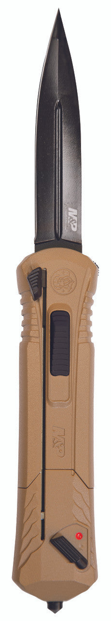 Smith & Wesson M&P OTF Assisted Opening Knife Black 2.75" Double Edge Spear Point Blade Aluminum Handle Tan