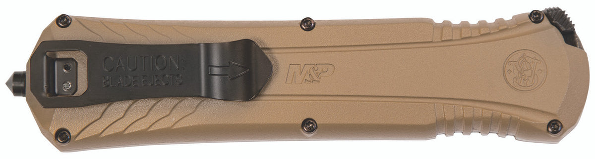 Smith & Wesson M&P OTF Assisted Opening Knife Black 2.75" Double Edge Spear Point Blade Aluminum Handle Tan