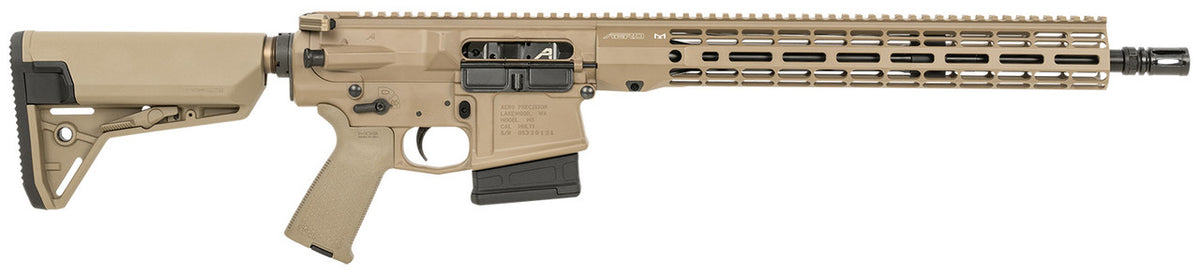 Discover the Aero Precision M5 .308 Win AR-10 Rifle with a 16” heavy barrel and 10-round capacity. Features FDE Cerakote receiver, 15” M-LOK handguard, Magpul PRS Gen3 stock, and ambidextrous controls—ideal for precision shooting and tactical applications.