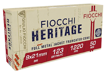 Fiocchi Heritage 9x21mm IMI 123gr FMJ Truncated Cone 50 Rd - Box or Case