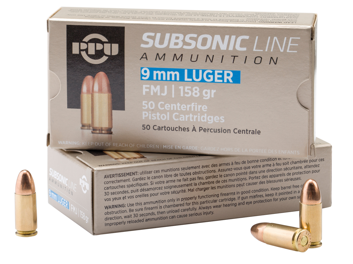PPU Target Subsonic 9mm Luger 158 gr FMJ - Box or Case