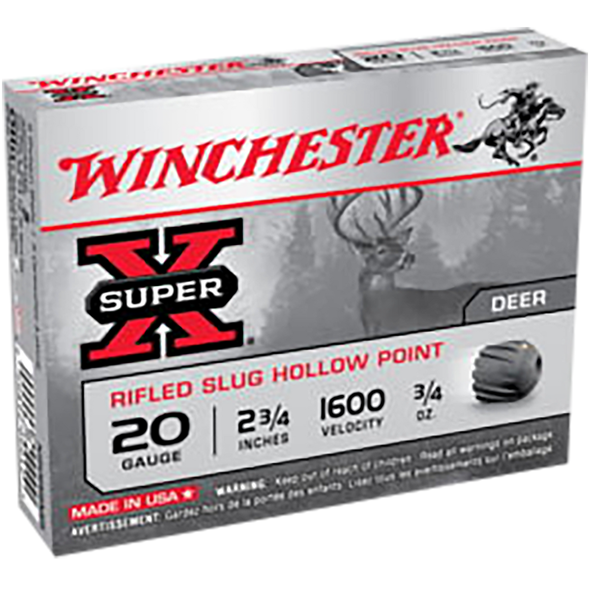 Winchester Ammo Super X 20 Gauge 2.75" 3/4 oz Rifled Slug Hollow Point 15 Rd - Box or Case