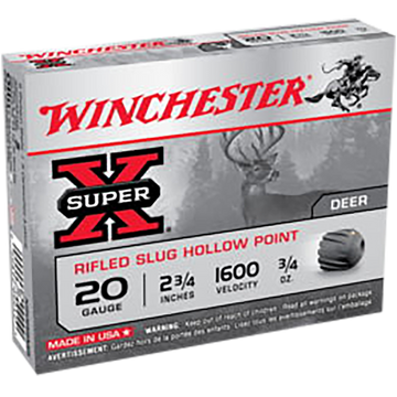 Winchester Ammo Super X 20 Gauge 2.75" 3/4 oz Rifled Slug Hollow Point 15 Rd - Box or Case