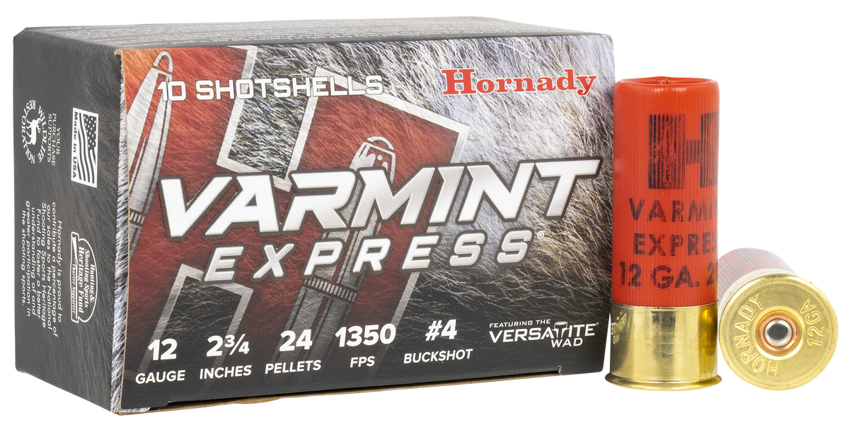 Hornady Varmint Express 12 Gauge 2.75" #4 Buck Shot 24 Pellets 10 Rd Box - Box or Case
