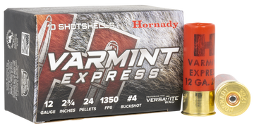Hornady Varmint Express 12 Gauge 2.75" #4 Buck Shot 24 Pellets 10 Rd Box - Box or Case