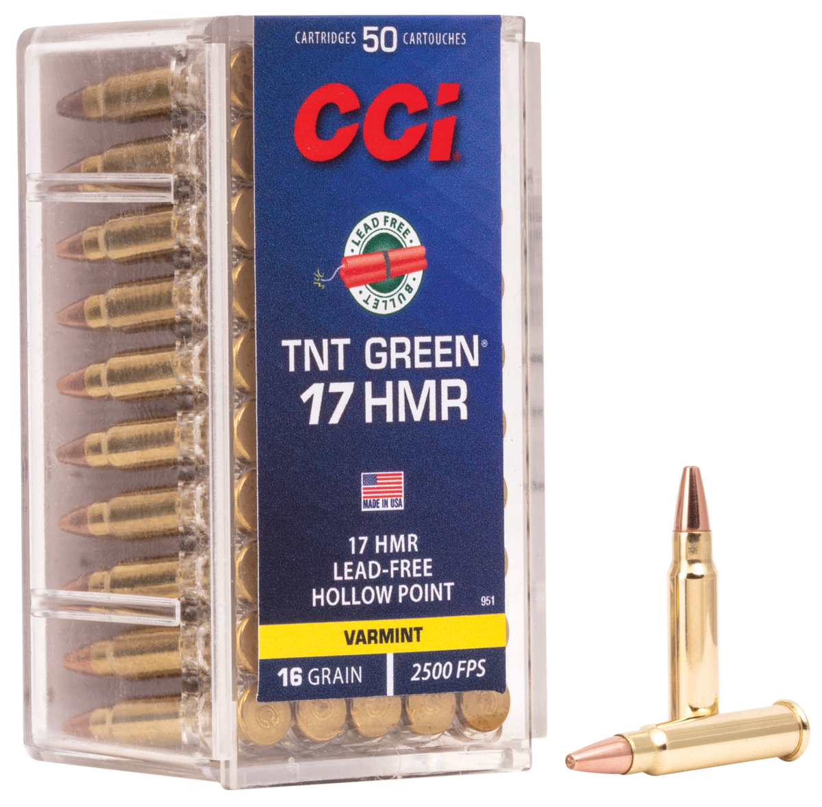 CCI 951 TNT Green 17 HMR 16gr Speer TNT Green Hollow Point 50 Bx/40 Cs - Box or Case