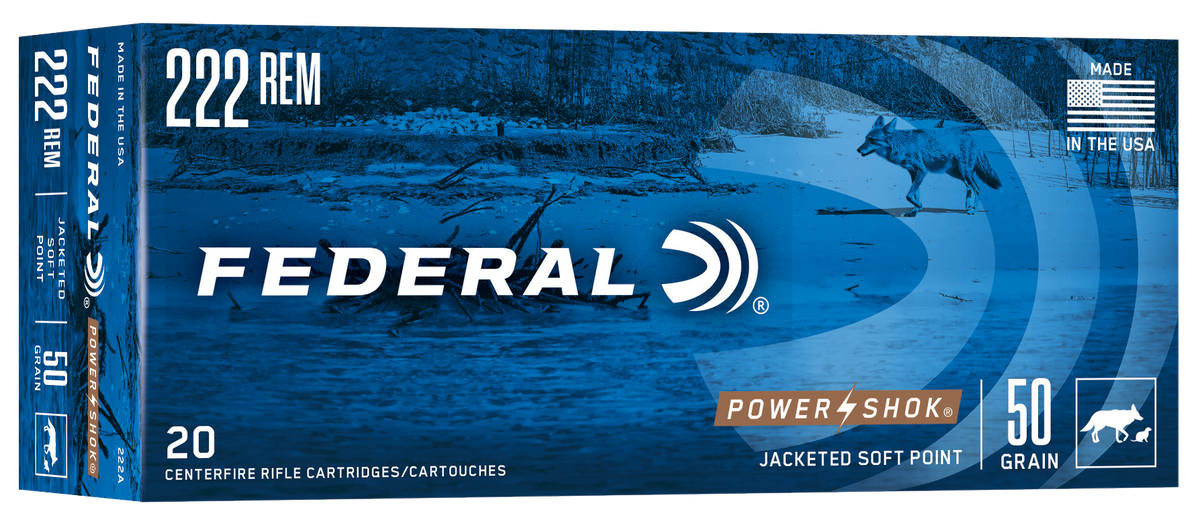 Federal 222A Power-Shok 222 Rem 50gr Jacketed Soft Point 20rd - Box or Case