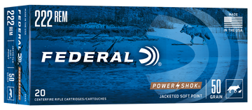 Federal 222A Power-Shok 222 Rem 50gr Jacketed Soft Point 20rd - Box or Case