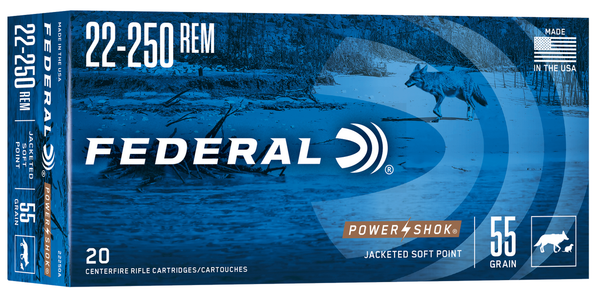Federal Power-Shok 22-250 Rem 55gr Jacketed Soft Point 20rd - Box or Case