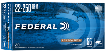 Federal Power-Shok 22-250 Rem 55gr Jacketed Soft Point 20rd - Box or Case