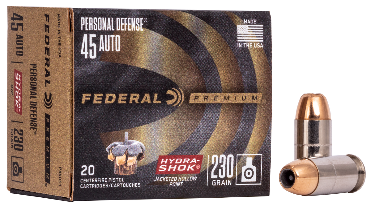 Federal P45HS1 Premium Personal Defense 45 ACP 230 gr Hydra-Shok Jacketed Hollow Point - Box or Case