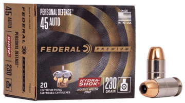 Federal P45HS1 Premium Personal Defense 45 ACP 230 gr Hydra-Shok Jacketed Hollow Point - Box or Case