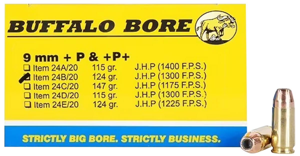 Buffalo Bore Ammunition Strictly Business 9mm Luger +P+ 124gr JHP - Box or Case