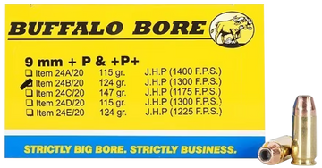 Buffalo Bore Ammunition Strictly Business 9mm Luger +P+ 124gr JHP - Box or Case