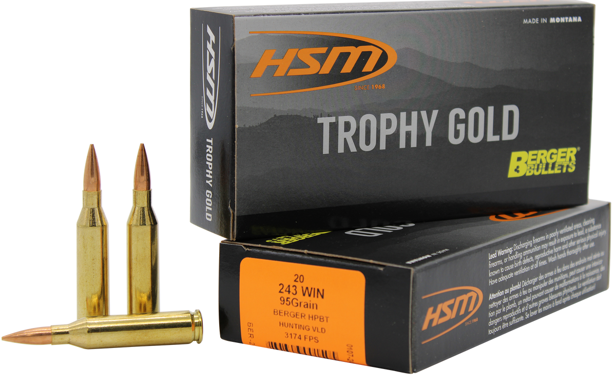 HSM Trophy Gold 243 Win 95gr Berger Hunting VLD Match 20 Rd - Box or Case