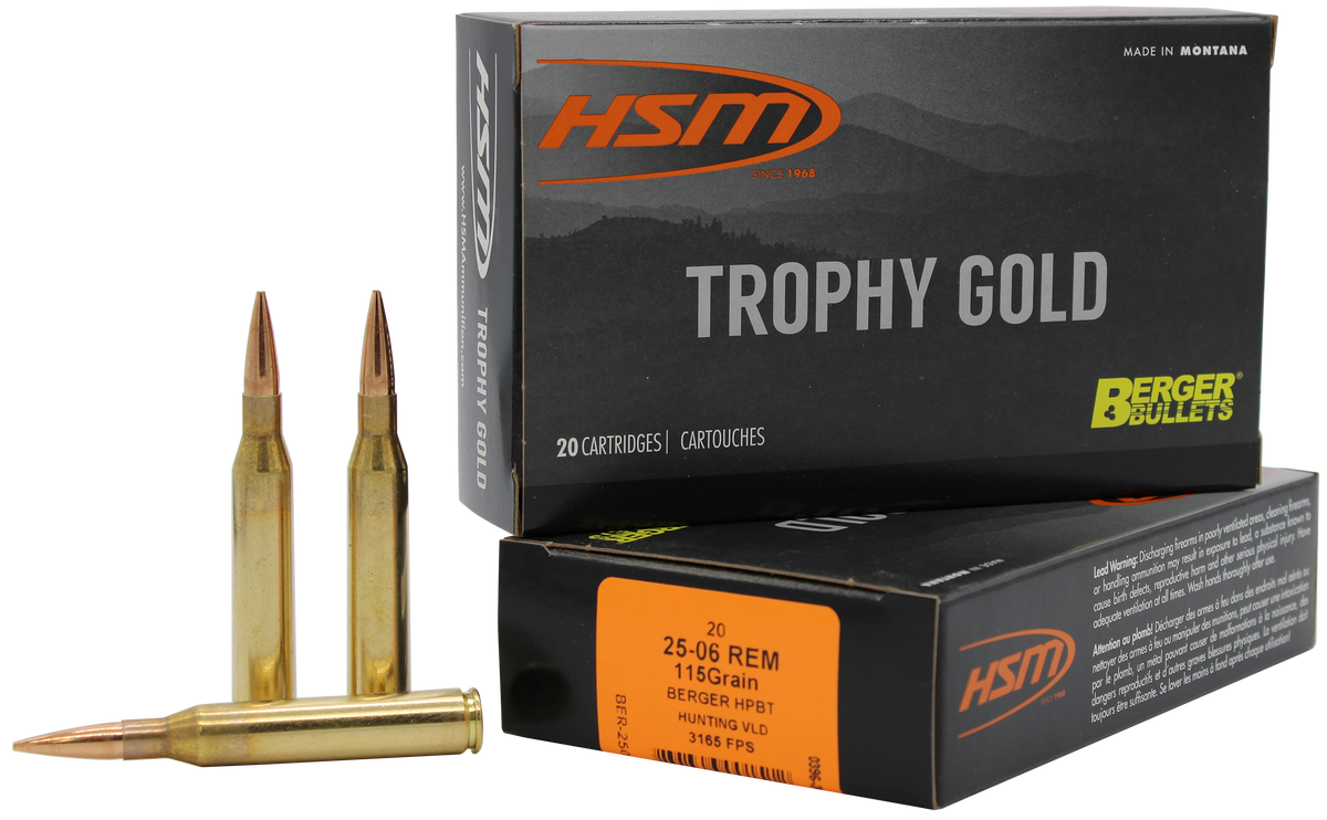 HSM Trophy Gold 25-06 Rem 115gr Berger Hunting VLD Match 20 Rd - Box or Case