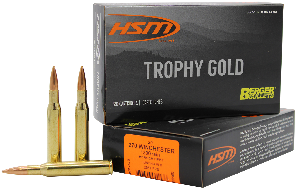 HSM Trophy Gold Extended Range 270 Win 130 gr Berger Hunting VLD Match 20 Rd - Box or Case