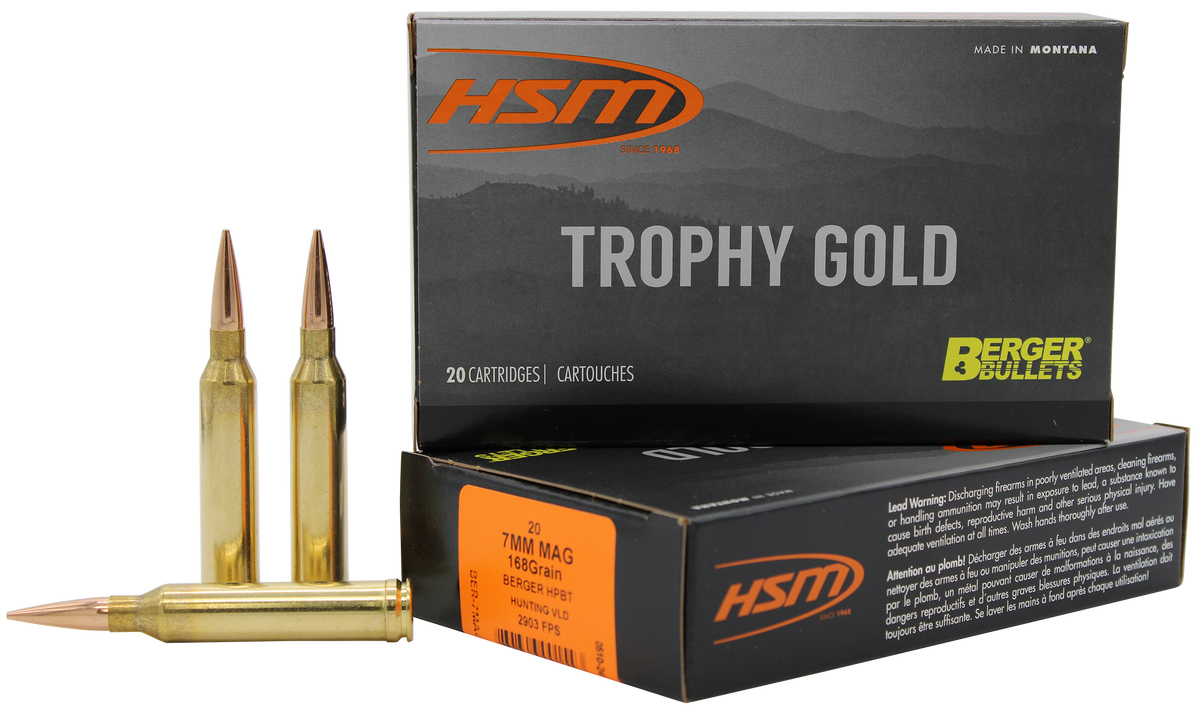 HSM Trophy Gold Extended Range 7mm Rem Mag 168 gr Berger Hunting VLD 20 Rd - Box or Case
