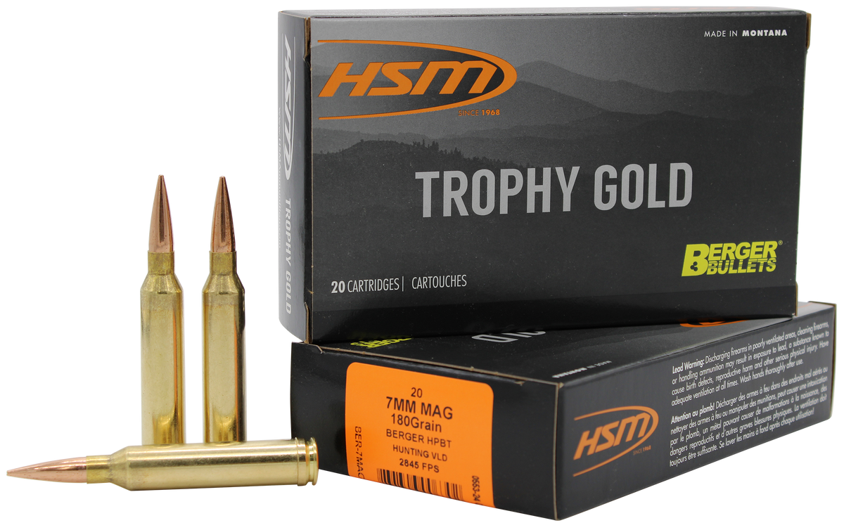 HSM Trophy Gold Extended Range 7mm Rem Mag 180gr Berger Hunting VLD Match 20 Rd - Box or Case