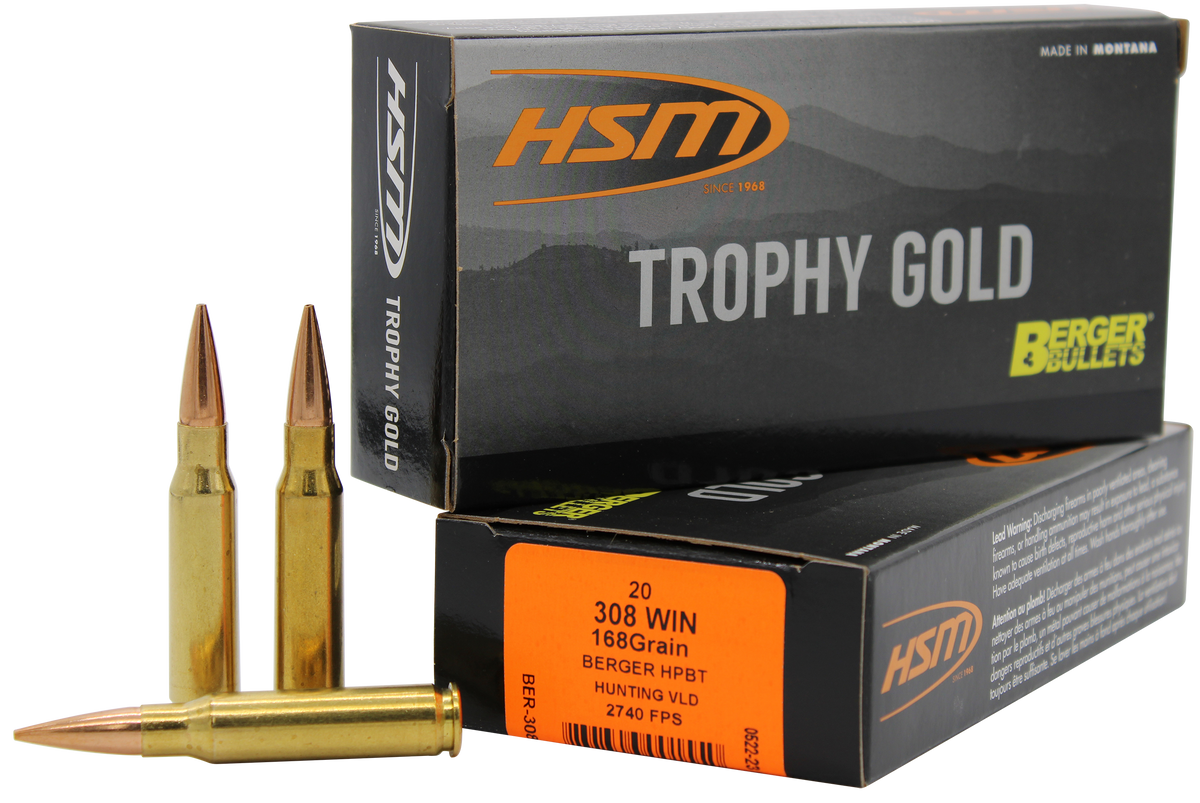 HSM Trophy Gold Extended Range 308 Win 168gr Berger Hunting VLD Match 20 Rd - Box or Case