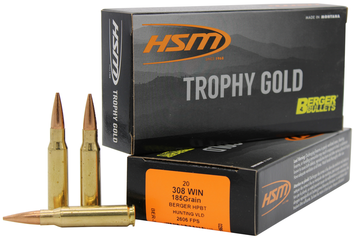 HSM Trophy Gold Extended Range 308 Win 185gr Berger Hunting VLD 20 Rd - Box or Case