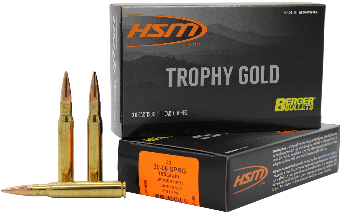 HSM Trophy Gold Extended Range 30-06 Springfield 185gr Berger Hunting VLD Match 20 Rd - Box or Case