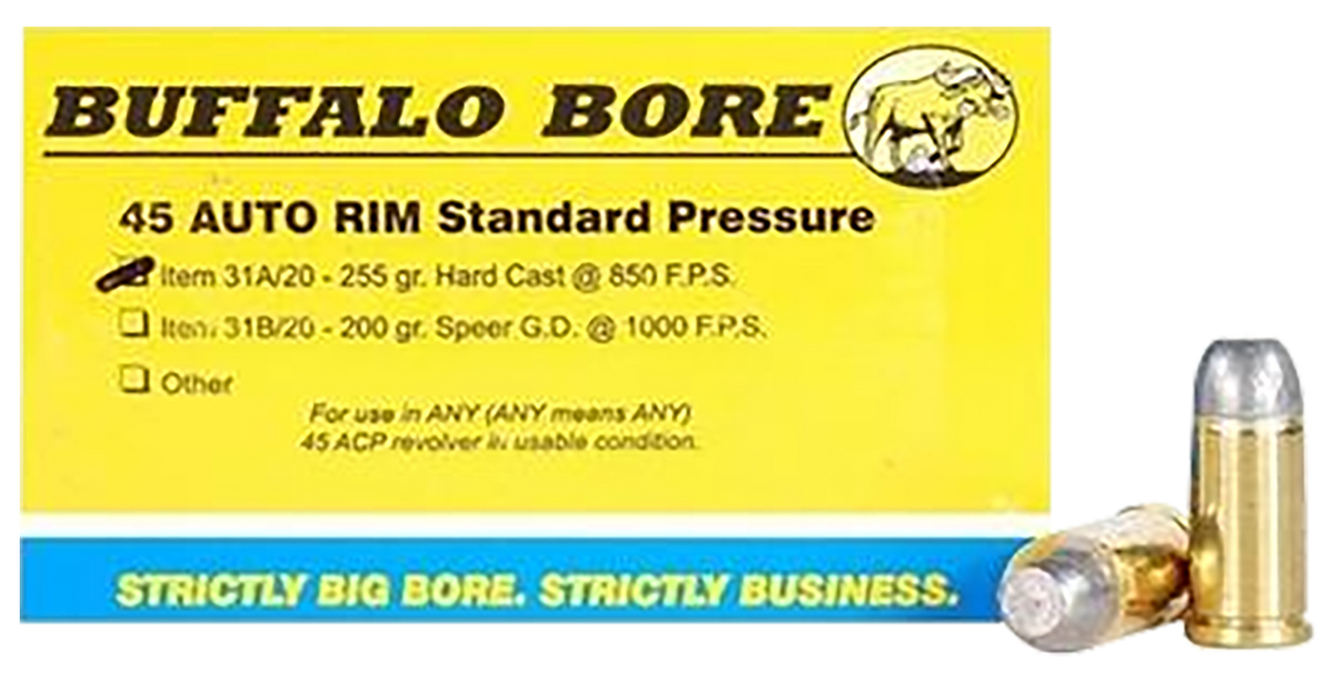 Buffalo Bore Ammunition 31A20 Standard Pressure Strictly Business 45 Auto Rim 255gr Hard Cast Flat Nose 20 Rd Box - Box or Case