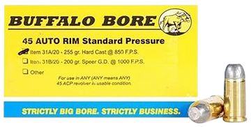 Buffalo Bore Ammunition 31A20 Standard Pressure Strictly Business 45 Auto Rim 255gr Hard Cast Flat Nose 20 Rd Box - Box or Case