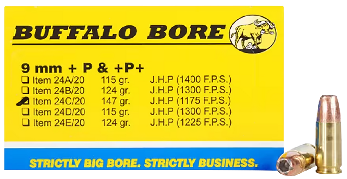 Buffalo Bore Ammunition Strictly Business Personal Defense 9mm Luger +P+ 147gr Jacketed Hollow Point 20 Rd Box - Box or Case