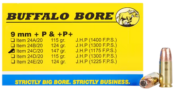 Buffalo Bore Ammunition Strictly Business Personal Defense 9mm Luger +P+ 147gr Jacketed Hollow Point 20 Rd Box - Box or Case