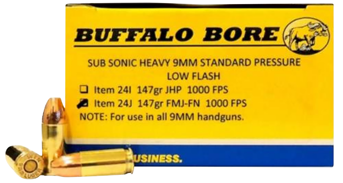 Buffalo Bore Ammunition Subsonic Strictly Business 9mm Luger 147gr Full Metal Jacket Flat Nose 20 Rd Box - Box or Case