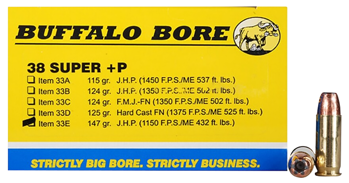 Buffalo Bore Ammunition Personal Defense Strictly Business 38 Super +P 147gr Jacketed Hollow Point 20 Rd Box - Box or Case