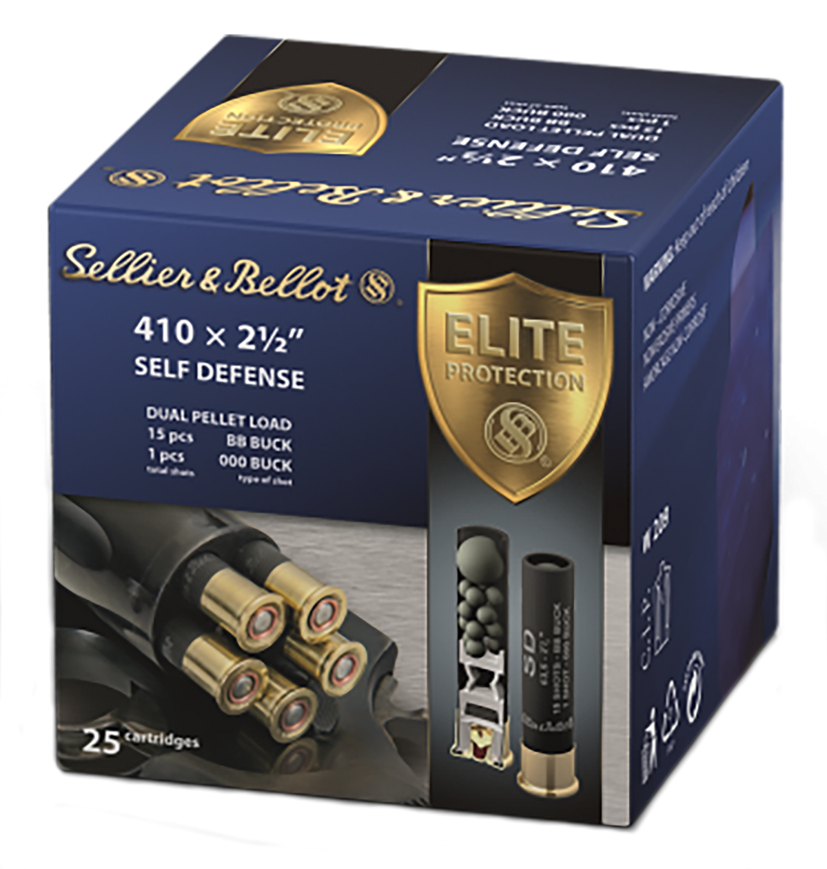 Sellier & Bellot SB410SDA Self Defense .410 Bore 2.5" 15 Pellets 1/2oz 000 Buck 25/Box - Box or Case