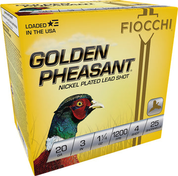 Fiocchi Golden Pheasant 20 Gauge 3" 1-1/4oz #4 Shot 25 Bx/10 Cs - Box or Case