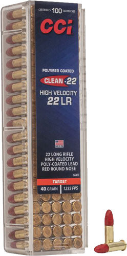 CCI Clean-22 22 LR 40gr Red Polymer-Coated Lead Round Nose 1235 fps 100 Rd - Box or Case