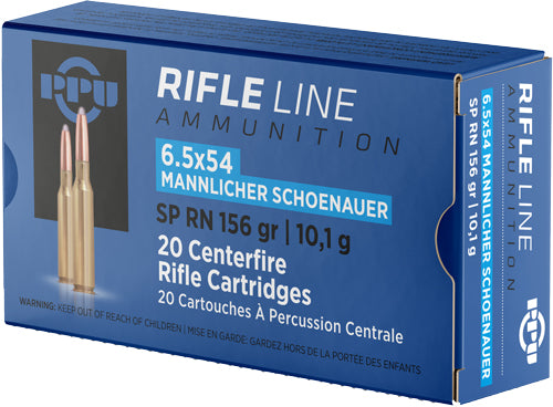 PPU 6.5x54 Mannlicher Schonauer 156gr JSP-RN 20 Rd - Box or Case