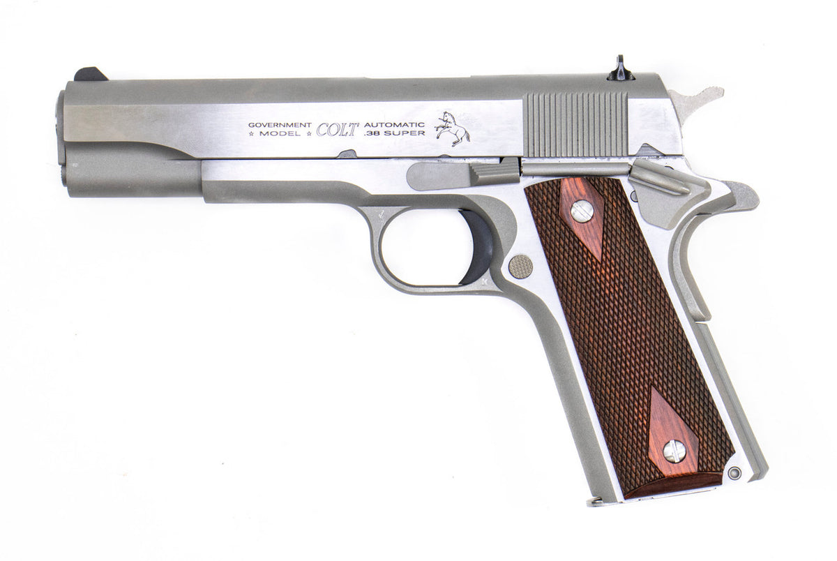 Colt Mfg 1911 Government .38 Super Caliber with 5" National Match Barrel, 9+1 Capacity, Overall Stainless Steel Finish, Serrated Slide & 70 Series Firing System