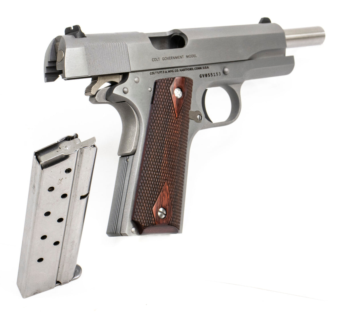 Colt Mfg 1911 Government .38 Super Caliber with 5" National Match Barrel, 9+1 Capacity, Overall Stainless Steel Finish, Serrated Slide & 70 Series Firing System