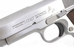 Colt Mfg 1911 Government .38 Super Caliber with 5" National Match Barrel, 9+1 Capacity, Overall Stainless Steel Finish, Serrated Slide & 70 Series Firing System